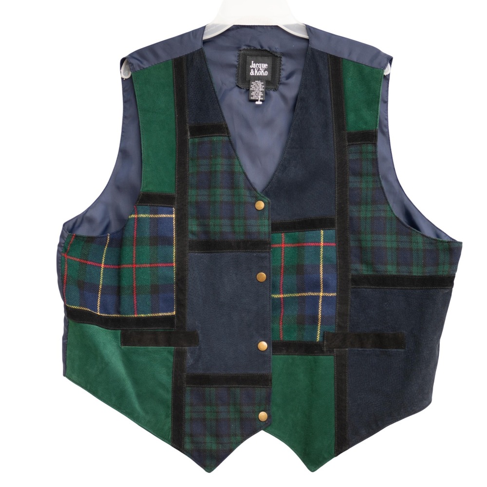 Patchwork Leather Wool Plaid Tartan Vest Mens 2XL Academia Folklore Heritage